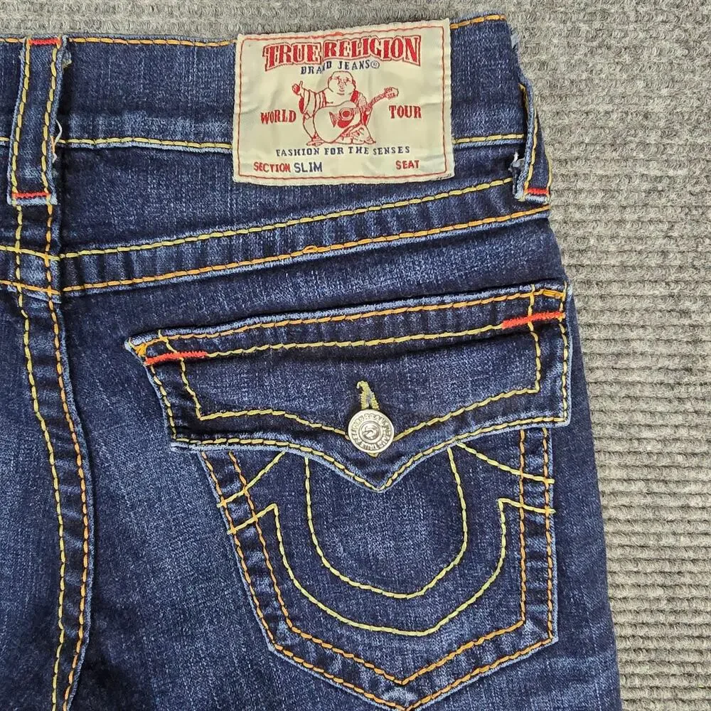 True Religion Jeans Mens 32x33 Slim Flap Big T Dark Wash Red Stitch Denim